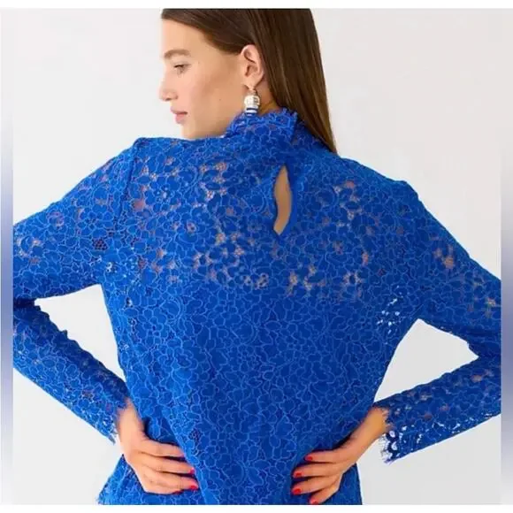 J. Crew Lace Top Long Sleeve Blue size 8 scalloped mock neck New - Picture 10 of 10